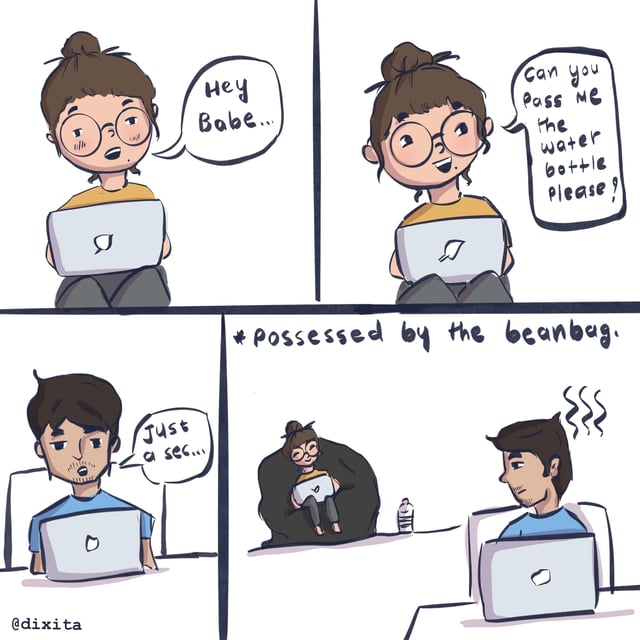 Four-panel comic of a person responding dramatically to a request for water while working on a laptop.