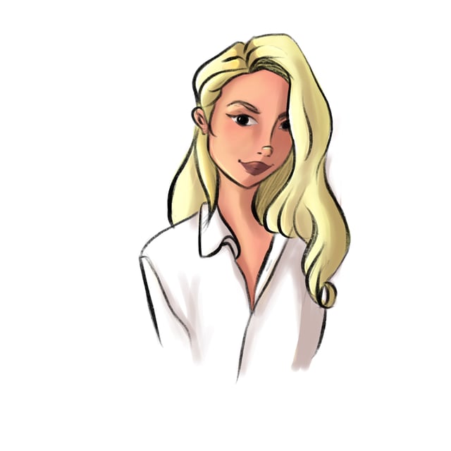 Stylized portrait of a blonde woman wearing a white blouse.