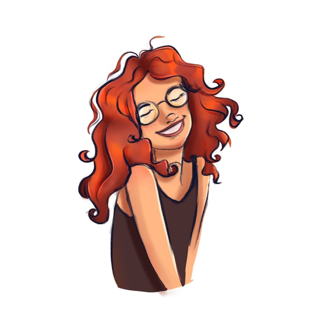 Smiling red-haired woman with loose curls wearing a dark sleeveless top.