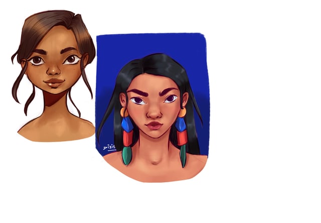 Two stylized character portraits with dark hair and warm, softly shaded skin tones.