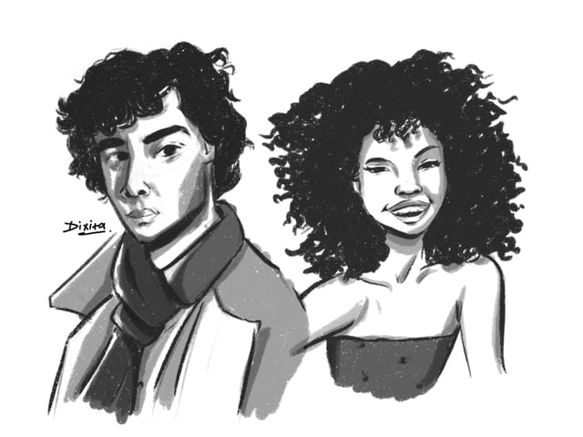 Black-and-white portrait studies of a curly-haired man and a smiling curly-haired woman.