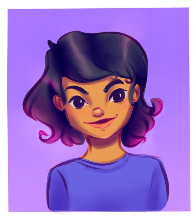 Smiling character with short purple hair against a violet background.