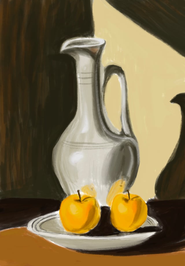 Digital gouache painting of a silver pitcher and two yellow apples on a plate with strong cast shadows.