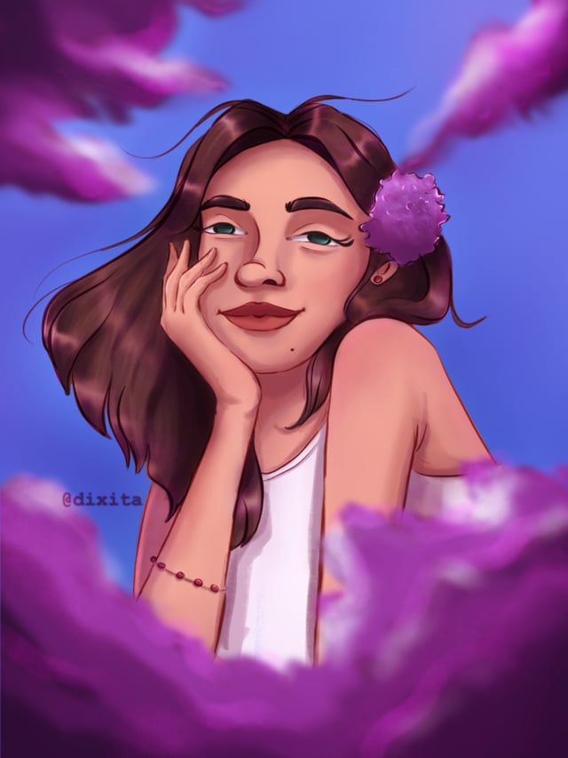Woman with glasses and flowers in her hair resting her chin on her hand among purple clouds.