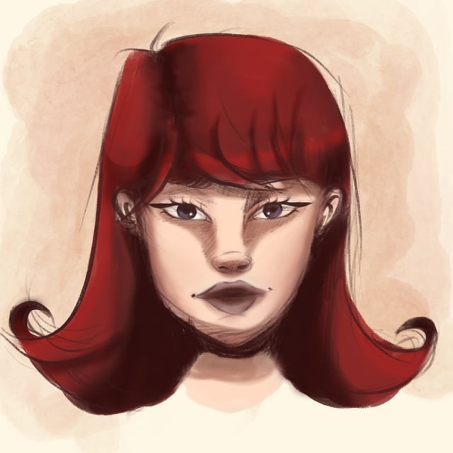 Portrait study of a woman with curled red hair and a direct gaze against a pale background.