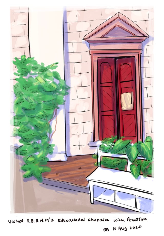 Watercolor-style architectural study of a red door, pale stonework, and plants outside a building.