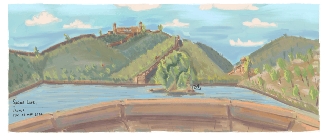 Landscape study of a lake, green hills, distant buildings, and a foreground railing.