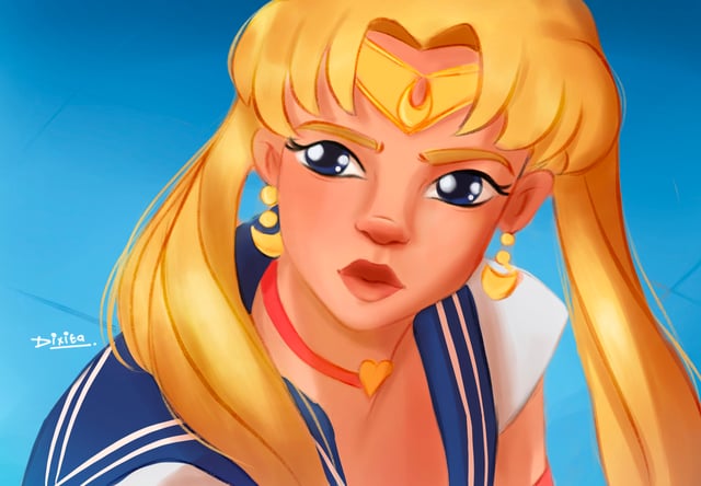Close-up portrait of Sailor Moon with blonde hair, blue eyes, and a gold tiara.