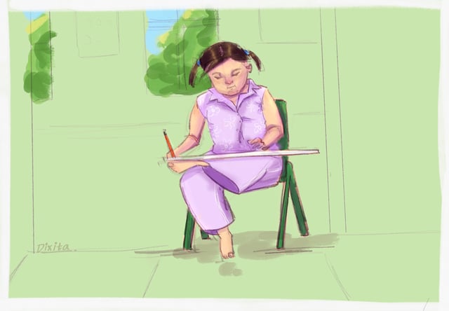 Person in purple clothing seated outdoors and drawing on a board.