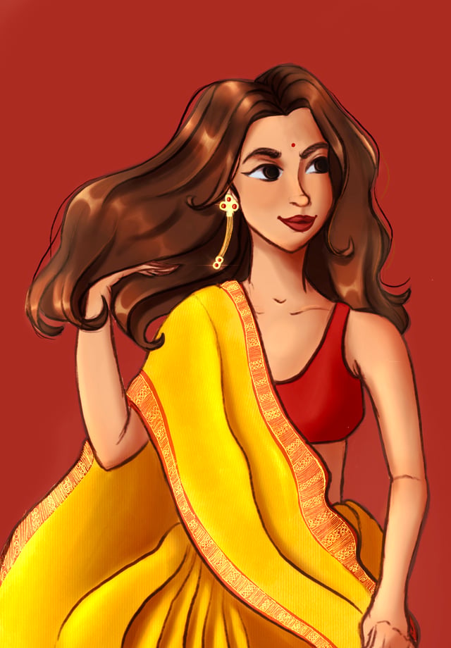 Woman wearing a yellow saree over a red blouse against a warm red background.