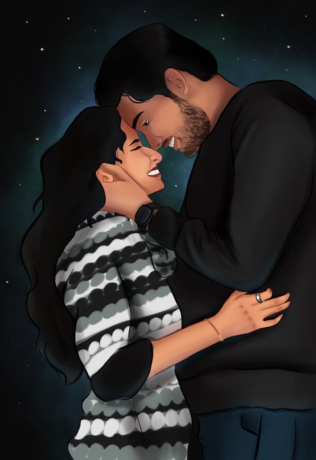 Couple embracing beneath a dark starry sky.