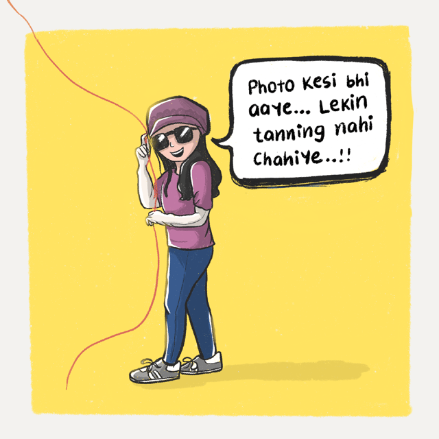 Cartoon woman in sunglasses and a hat standing beside a handwritten speech bubble.