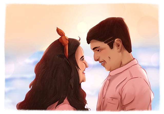 Smiling couple facing each other against a softly lit pastel background.