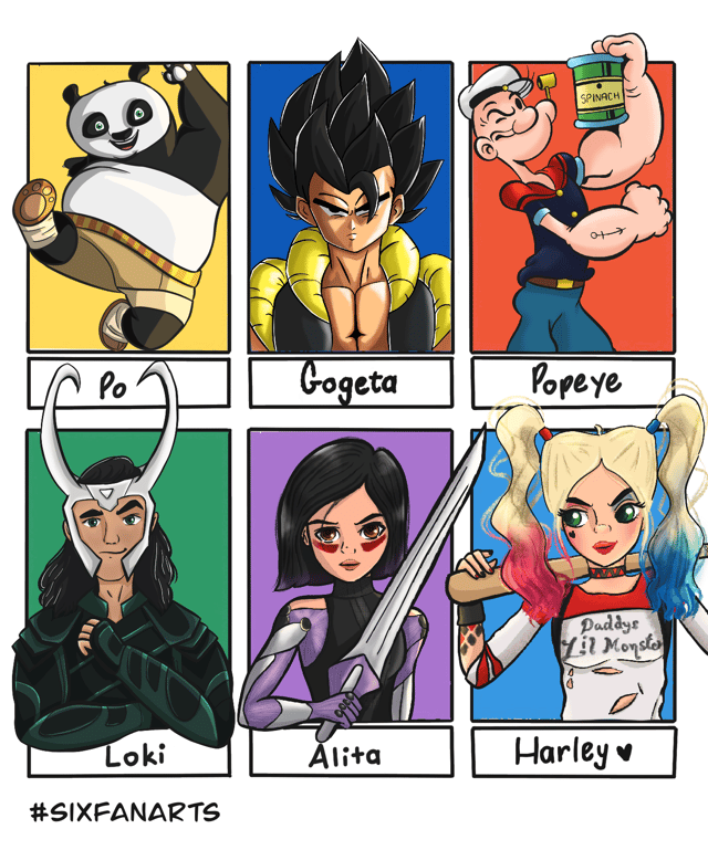 Six character portraits arranged in labeled panels: Po, Gogeta, Popeye, Loki, Alita, and Harley Quinn.