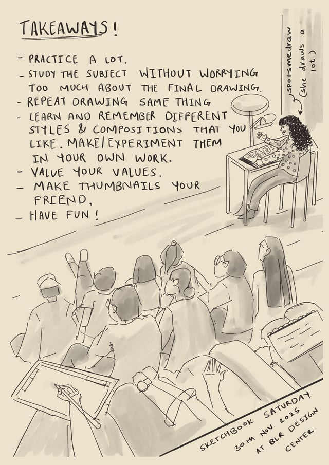 Sketchbook page of a group drawing session with a speaker, seated participants, and handwritten takeaways.