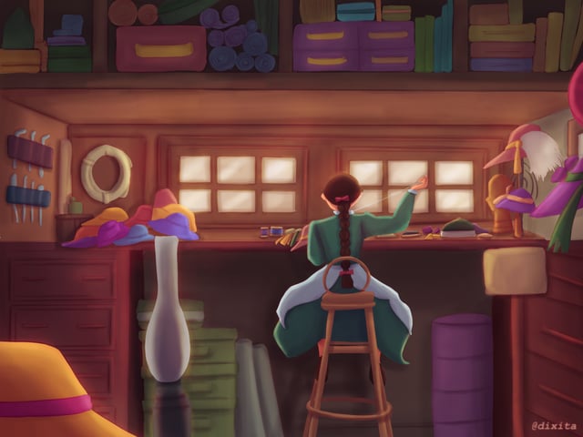 Warmly lit hat-shop interior with a person working at a table among colorful hats and shelves.