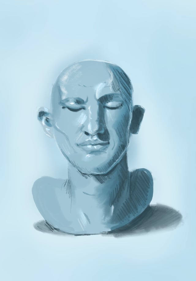 Blue-gray painted study of a sculpted head and neck against a pale background.
