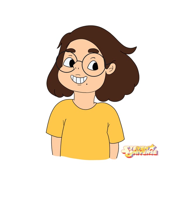 Cartoon portrait in a yellow shirt with round glasses, brown hair, and a broad toothy grin.