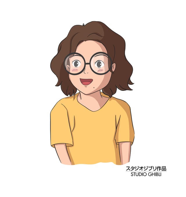 Anime-style portrait of a smiling person with round glasses and a yellow shirt.