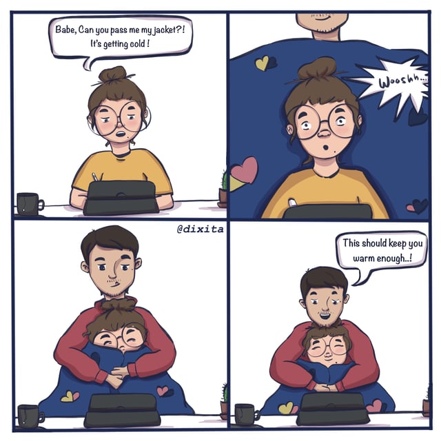 Four-panel comic of a person interrupting a partner's tablet work for a cuddle.