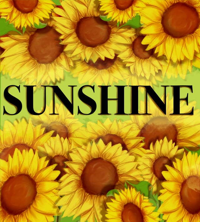 Yellow sunflower composition framing the bold word Sunshine.