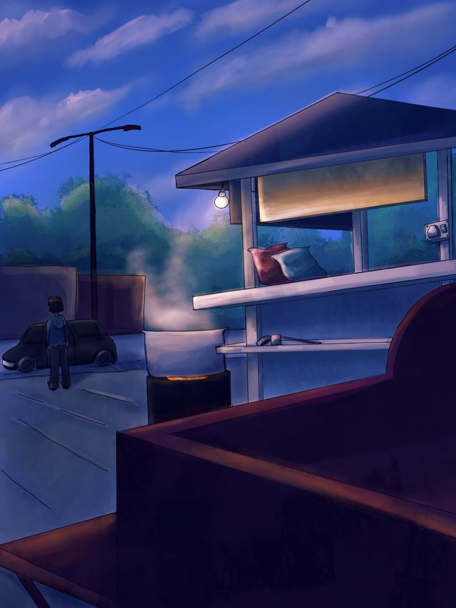 Small roadside tea stall glowing with warm light beneath a blue evening sky.