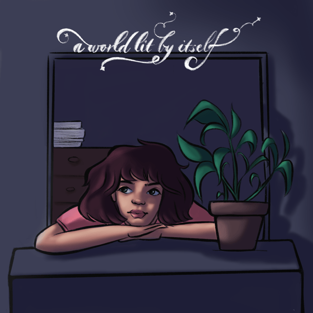 Person leaning out of a dark window beside a potted plant and decorative lettering.