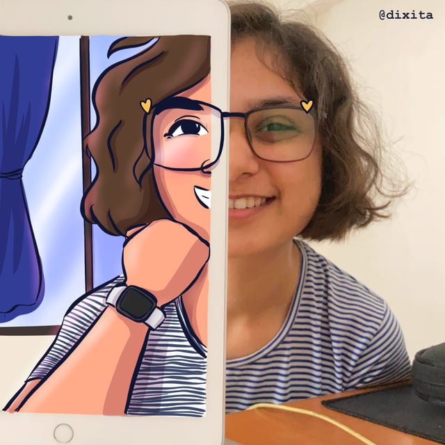 Split portrait pairing a smiling person's photograph with a cartoon version of the same face.