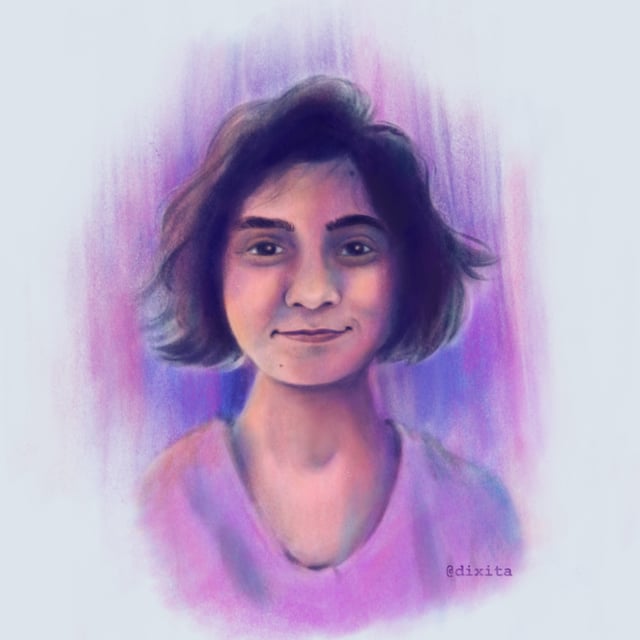 Painted self-portrait with short dark hair and purple-and-blue lighting.