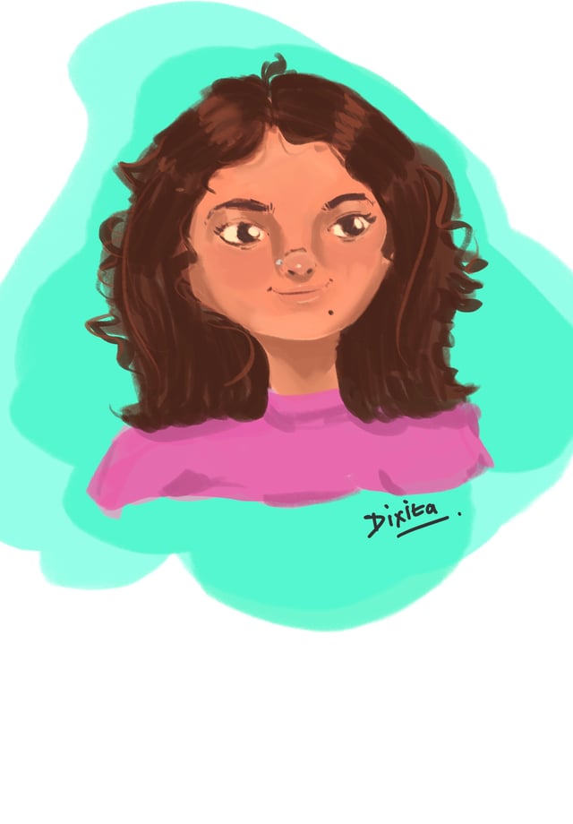 Small painted portrait of a curly-haired person in a purple top against a green wash.
