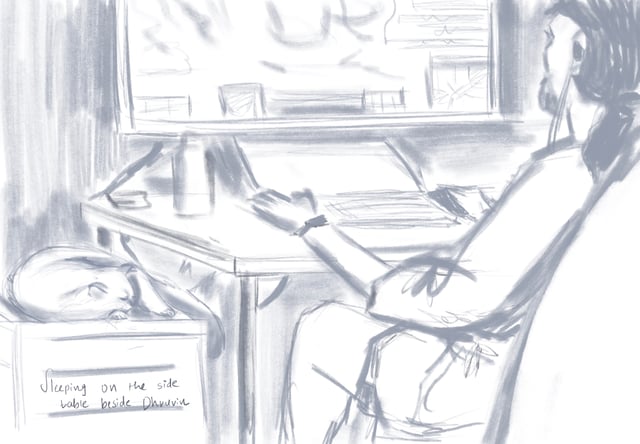 Loose monochrome sketch of a seated person drawing beside a bright cafe window.