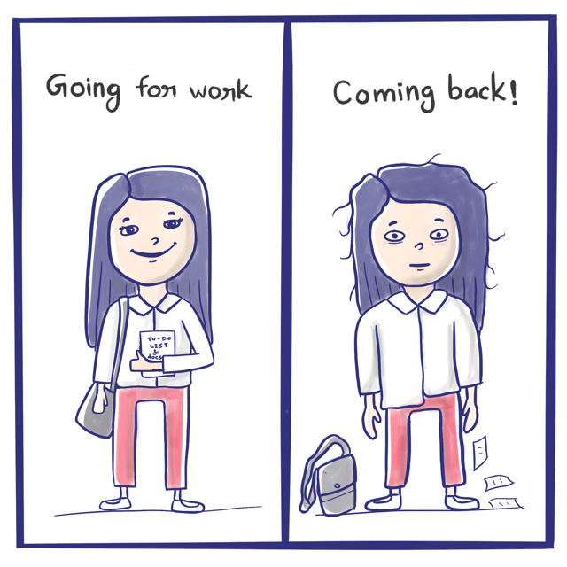 Two-panel cartoon contrasting a neat, cheerful worker with their tired appearance after work.