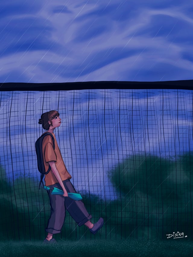 Person walking beside a wire fence under a dramatic blue sky in the rain.