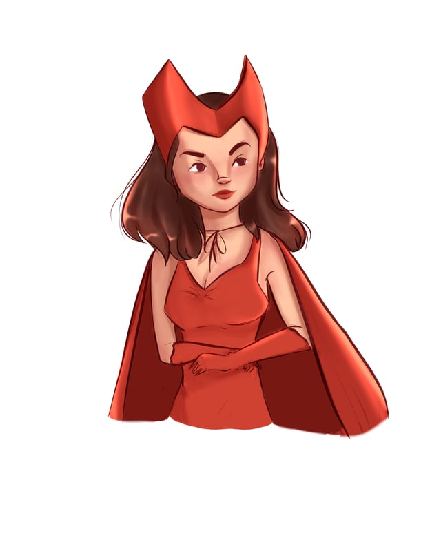 Cartoon portrait of Scarlet Witch in a red costume and pointed headpiece.