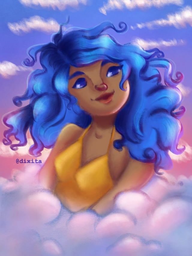 Smiling character with voluminous blue hair surrounded by soft pink clouds.