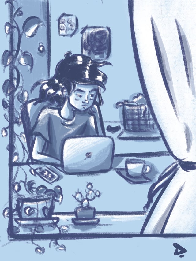 Blue monochrome scene of a woman working on a laptop at a plant-filled desk beside a window.