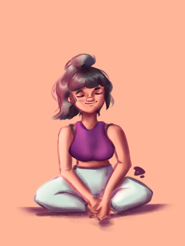 Smiling woman in a purple top sitting cross-legged on a peach background.
