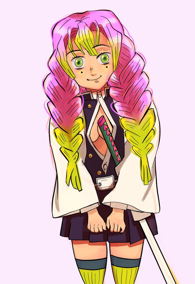 Mitsuri with pink-and-green braids wearing a white jacket over her dark uniform.