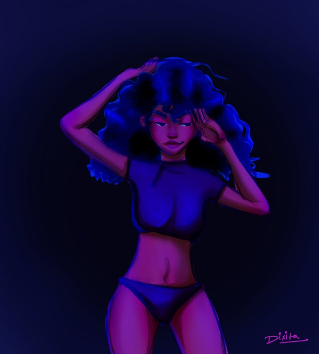 Figure with raised arms lit by vivid blue and magenta light against black.