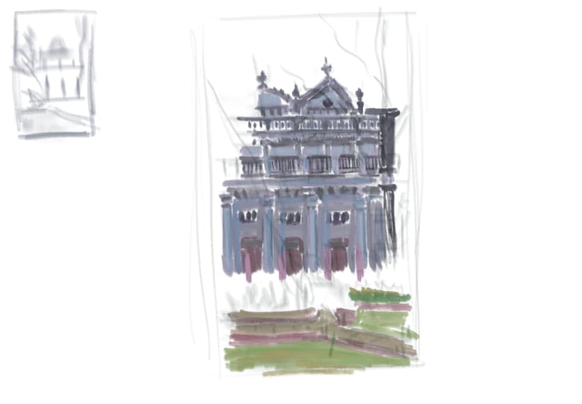 Loose architectural sketches of a large ornate museum building with small colored accents.
